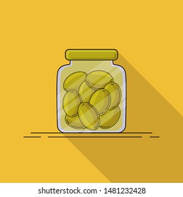 Flat illustration of jar with olives with long shadow. Vector illustration for design, web and decor for the festival of olives.
