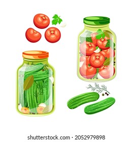 Flat illustration of jars of canned cucumbers and tomatoes. Green cucumbers gherkins and red tomatoes with spices in a glass jar on white background. Idea for poster, sticker, web design and so on.