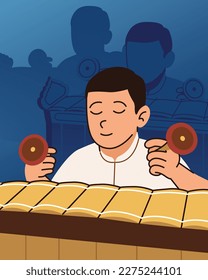 ilustración plana de un niño javanés jugando al gamelan, ilustración de un niño indonesio jugando al gamelan