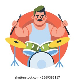 A flat illustration of jazz drummer beat drum with sticks 