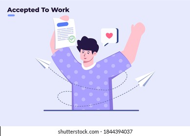 Flat illustration Job application  approved with happy people, Happy Person because they are accepted to work at a business company, approved to work, Accepted CV, First time job work.