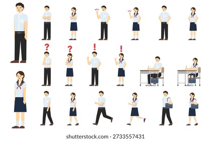 Flat illustration: Junior high school student set (summer clothes) with facial expressions