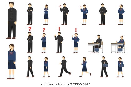 Flat illustration: Junior high school student set (winter clothes) with facial expressions