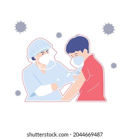 flat illustration of kid get vaccine show of imune after vaccination, Corona vaccine concept vector illustration in isolated background, nurse and boy get vaccination covid illustration