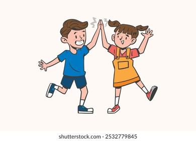 Flat illustration of kids high five celebration, childhood friendship, team spirit, happy kids playing, fun activities for children