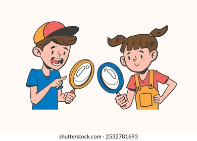 Flat illustration of kids playing detective, childhood mystery game, fun investigation, curious kids exploring, playful detective game for children