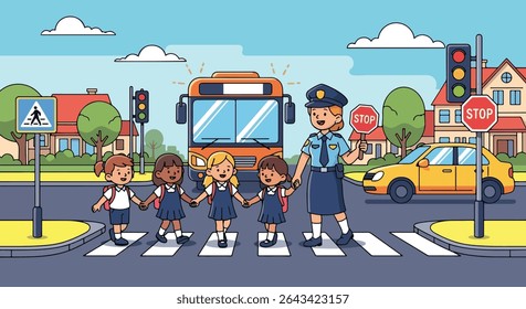 Ilustração plana de um policial gentil ajudando um grupo de crianças diversas a atravessar com segurança a rua em uma passagem de zebra perto de um ônibus escolar