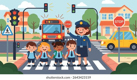Flat illustration of a kind police officer helping a group of diverse children safely cross the street at a zebra crossing near a school bus