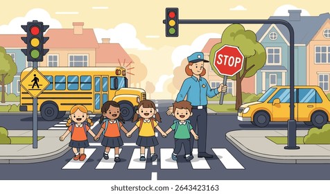 Ilustração plana de um policial gentil ajudando um grupo de crianças diversas a atravessar com segurança a rua em uma passagem de zebra perto de um ônibus escolar