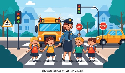 Ilustração plana de um policial gentil ajudando um grupo de crianças diversas a atravessar com segurança a rua em uma passagem de zebra perto de um ônibus escolar