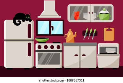Ilustración plana de la cocina. Frigorífico, sartén frito, hervidor de agua, horno, tabla de despiece, lavavajillas, cuchillos, tazas, platos, capucha