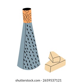 Ilustración plana de un rallador de cocina con una cuña de queso. Ideal para alimentos, cocina o imágenes relacionadas con la cocina.