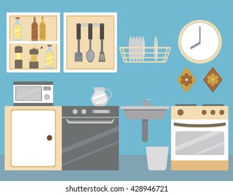 Flat illustration of kitchen interior: kitchen cabinets , oven , stove , microwave, bottles, dishes