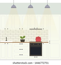 Flat illustration kitchen. Kitchen interior in Scandinavian style. Wooden countertop, white kitchen cabinets and cabinets, kitchen appliances.