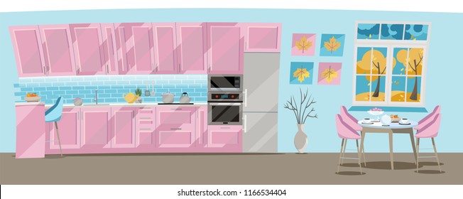 Flat illustration Kitchen set of pink color on blue background with kitchen accessories: pots, kettle, fridge, oven, microwave. Dining table by window with tea and teapot. outside the window is autumn