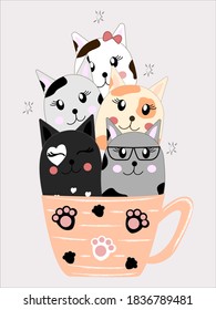 
Flat illustration of kittens in a cup. Print.