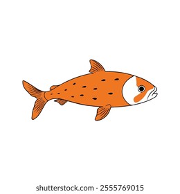 Flat illustration of a koi carp with bright orange and white body, graceful tail, minimalistic design, clean background, modern aesthetic