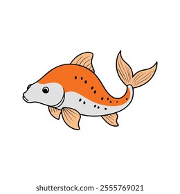 Flat illustration of a koi carp with bright orange and white body, graceful tail, minimalistic design, clean background, modern aesthetic