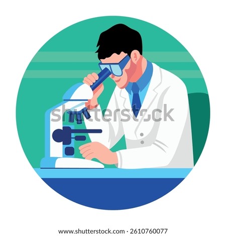 Flat illustration of a lab technician researching with a microscope