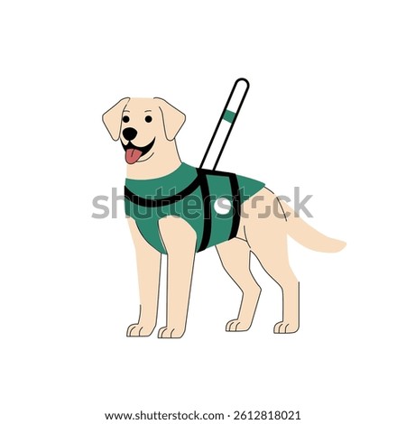 Flat illustration of a Labrador Retriever guide dog wearing a green harness and handle. Perfect for accessibility, service animals, disability support, and assistance dog themes. Vector illustration