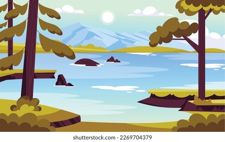 Flat illustration of a lake scenery 