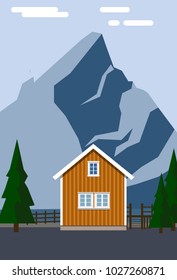 Flat illustration of a lakeside house in the mountains surrounded by pine trees