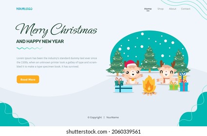 Flat Illustration, Landing Page Template with reindeer, christmas tree and gifts