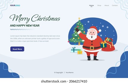Flat Illustration, Landing Page Template with santa claus, christmas tree and gifts