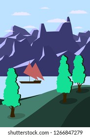 Flat illustration with landscape. Bank of the river and mountains.