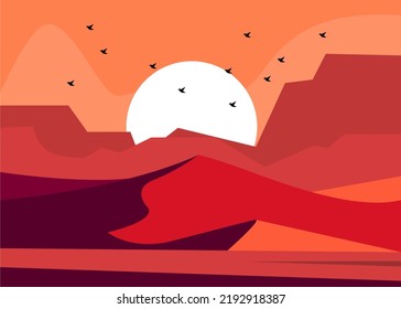 Flat Illustration Landscape Desert View. Colorful color, evening atmosphere