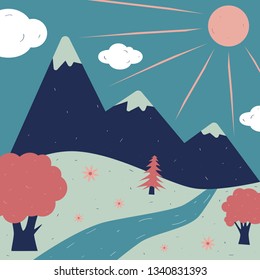flat illustration landscape with mountains trees river clouds sun 