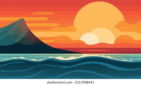 Flat Illustration landscape view of beach and sunset, waves, mountain, summer time, holidays