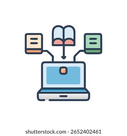 Ilustración plana de una computadora portátil conectada a archivos y un libro. Representa el concepto de procesamiento de datos y transferencia de información.