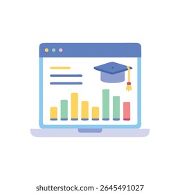 Flat illustration of a laptop displaying a graph and graduation cap. Pastel colors create a modern and professional visual.
