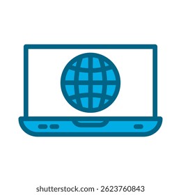 A flat illustration of a laptop with a globe icon on the screen. Perfect for representing global communication, internet, or international business concepts.