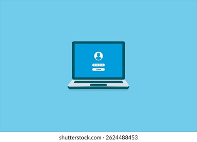 Flat illustration of a laptop with a login screen, showing a user profile icon, password field, and login button on a blue background.