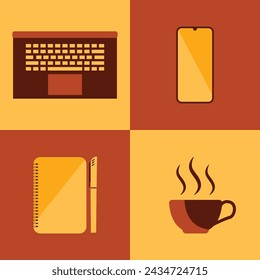 ilustración plana de ordenador portátil, smartphone, portátil y café