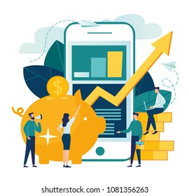 flat illustration, a large piggy bank in the form of a piglet and a phone with a schedule, financial services, online savings or the accumulation of money, a coin box with falling coins, curren vector