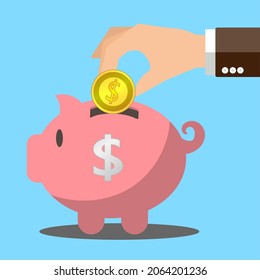 flat illustration, a large piggy bank in the form of a piglet on a light blue background, saving or accumulating money, Hand putting coin a piggy bank money.