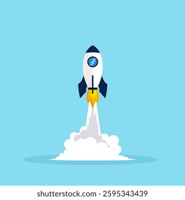 Flat illustration launch rocket representing initiation of new startup, vector 10 eps.