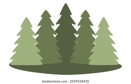 Flat illustration of layered pine trees in shades of green for a serene forest scene. Vector art in simple cartoon style for outdoor-themed designs, nature-inspired decor, or environmental visuals