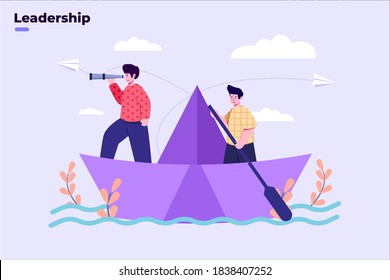 Flat illustration leadership target with people ride paper boat and look with telescope. Future leadership, success leader, business target progress with leader. Boss leading the business. Teamwork.