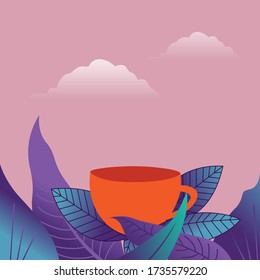 flat illustration leaf and cup pop color illustration and coll wallpaper