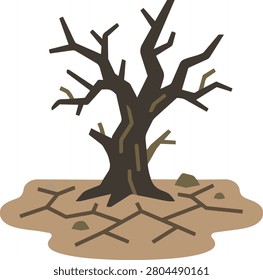 A flat illustration of a leafless dead tree standing on cracked dry ground, symbolizing drought, desertification, water scarcity, climate change, and environmental degradation