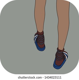 Flat illustration legs of a man wearing striped socks and slides. 