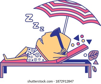 flat illustration of lemon cartoon sleeping on a beach 