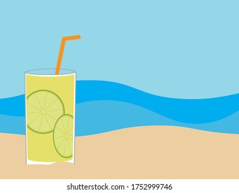 Flat illustration of lemonade glass with Lemons and straw on Brown sand, and Blue sea on the background