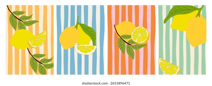 Flat illustration of lemons and lemon slices with green leaves on colorful vertical stripes; playful, summery layout ideal for food packaging, kitchen decor, or summer event prints.
