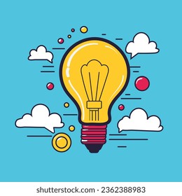 Ilustración plana de una bombilla y algunas burbujas de voz. Concepto de idea. Ilustración vectorial de soluciones comerciales y de marketing. 