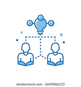 Flat illustration with a lightbulb above people reading, symbolizing knowledge sharing and collaboration. Simple, clean design for conveying business concepts.